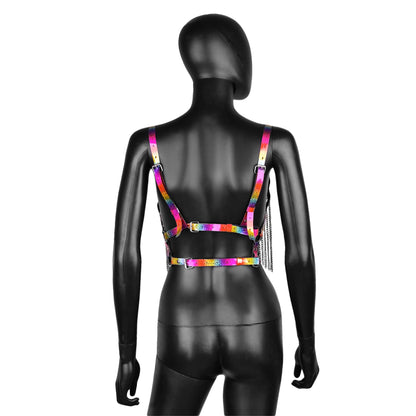 Rainbow Leather Harness with Chain Fringe