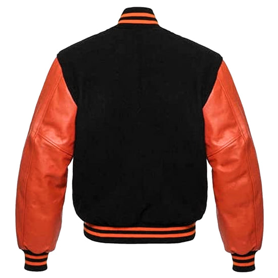 Black Baseball Jacket, Varsity Jacket with Real Leather Sleeves