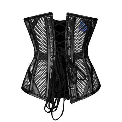 Black Mesh Cage Corset with Faux Leather Straps