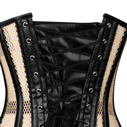 Nude Mesh & Black Leather Steel-Busks Corset