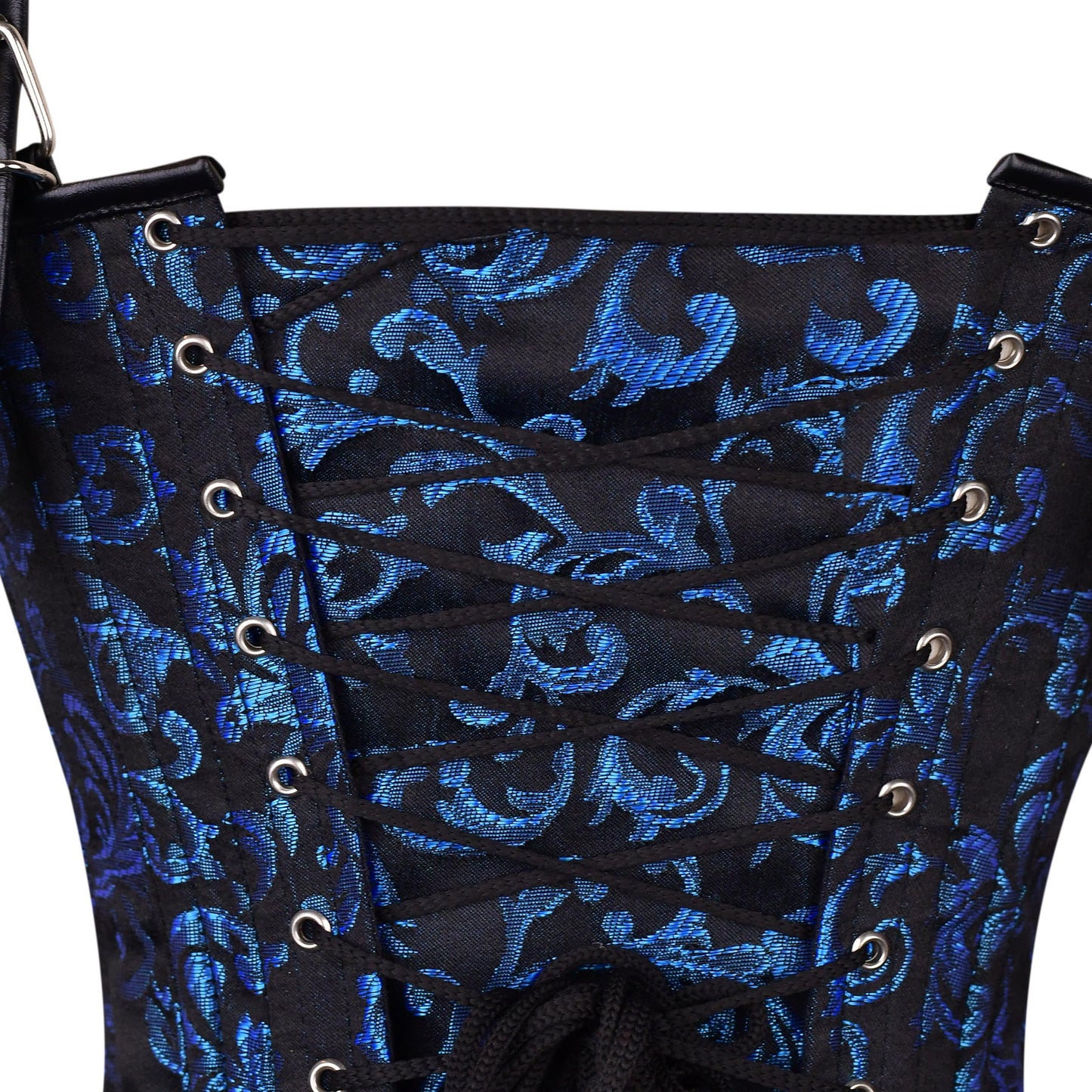 Blue Brocade Corset with Front Busk Closure
