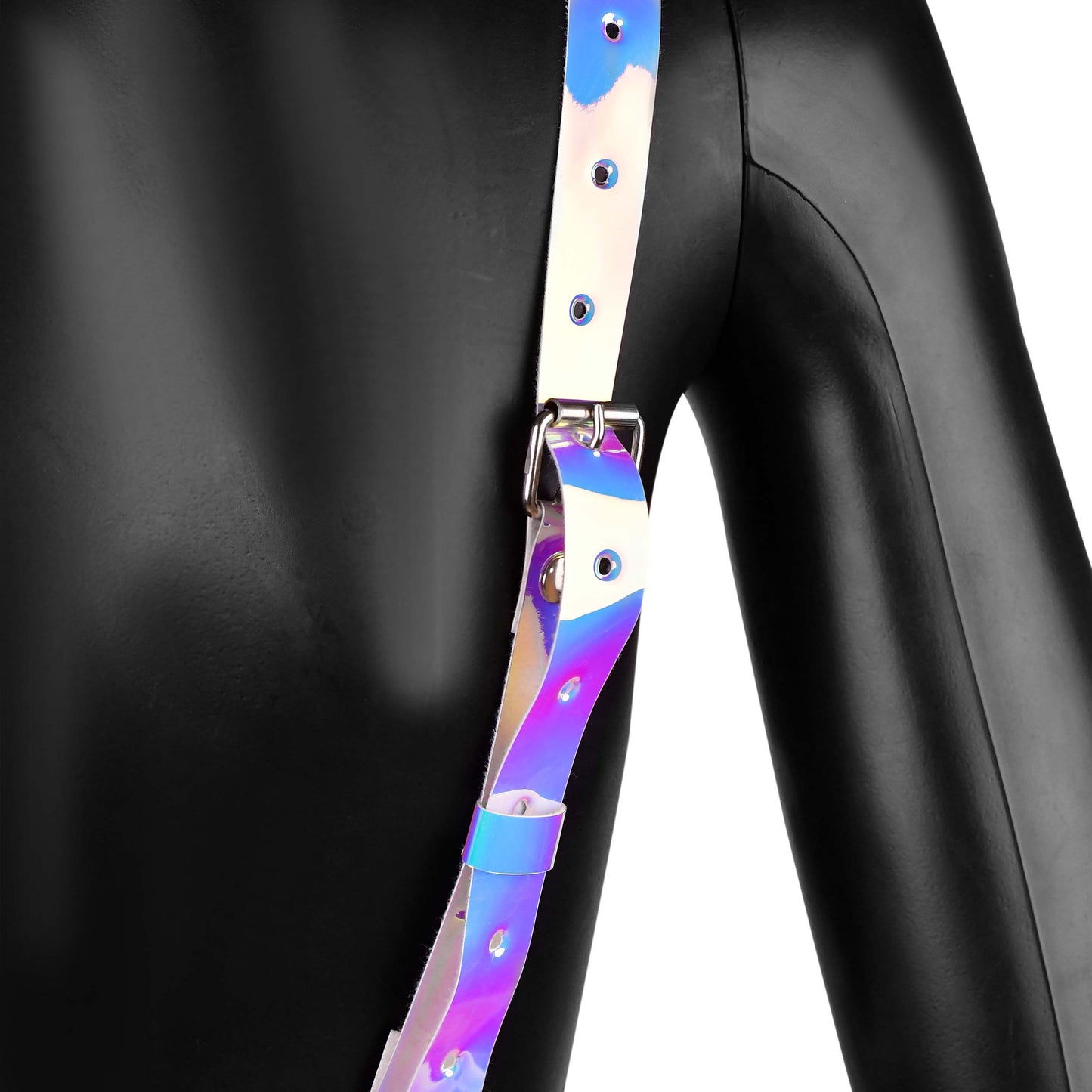 Holographic Leather Harness with Chain Fringe