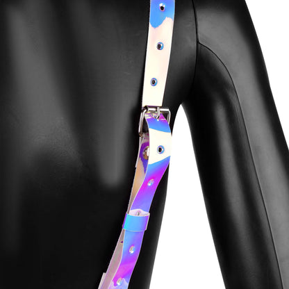 Holographic Leather Harness with Chain Fringe