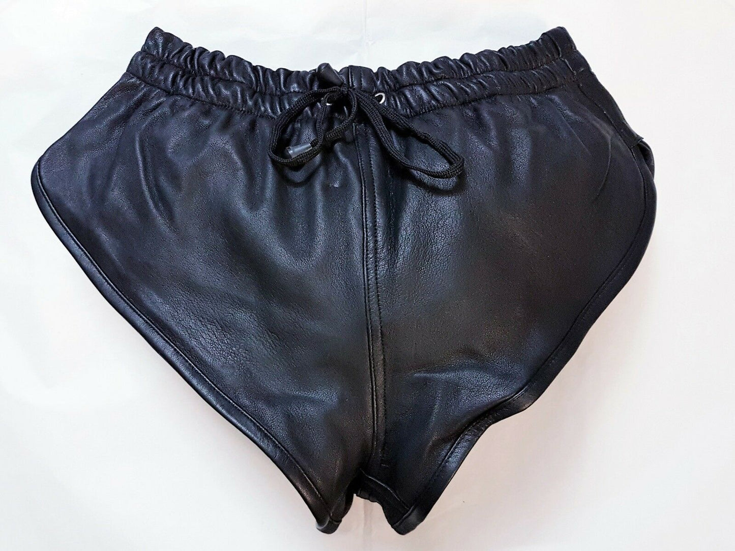 Men Black Real Leather Shorts w/ Elastic Band