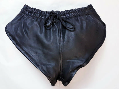 Men Black Real Leather Shorts w/ Elastic Band