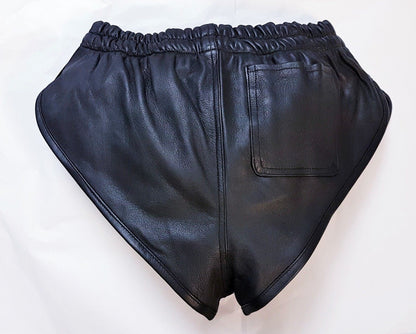 Men Black Real Leather Shorts w/ Elastic Band