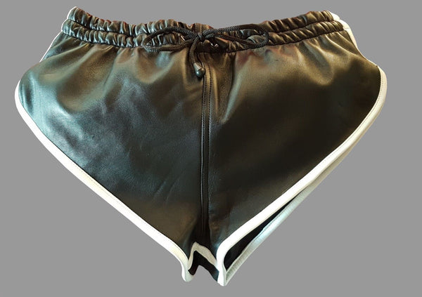 Men Black Real Leather Shorts w/ Elastic Band