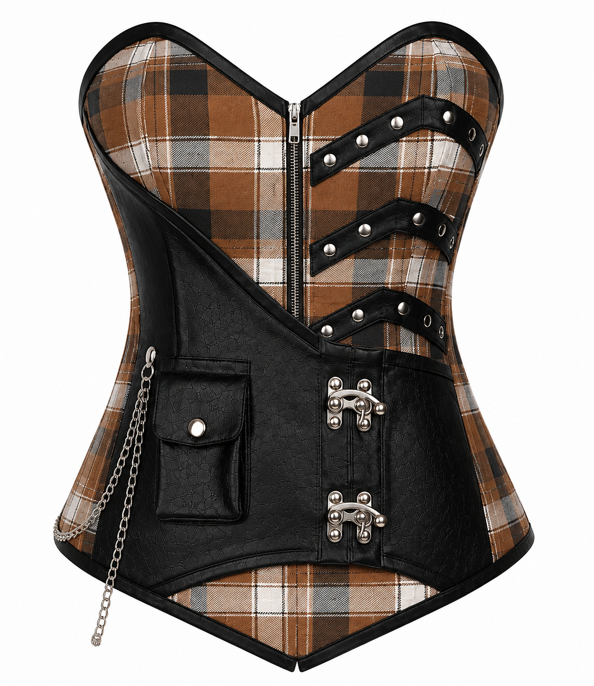 Brown Plaid Punk Corset, Brown Tartan Steampunk Corset