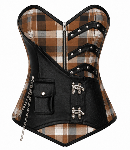 Brown Plaid Punk Corset, Brown Tartan Steampunk Corset