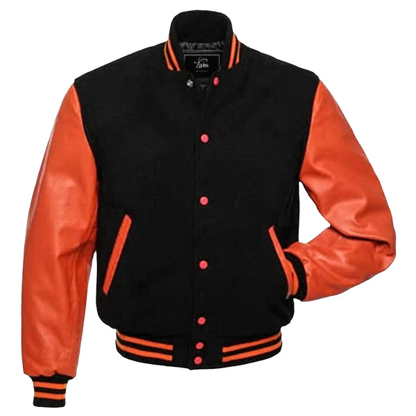 Black Baseball Jacket, Varsity Jacket with Real Leather Sleeves