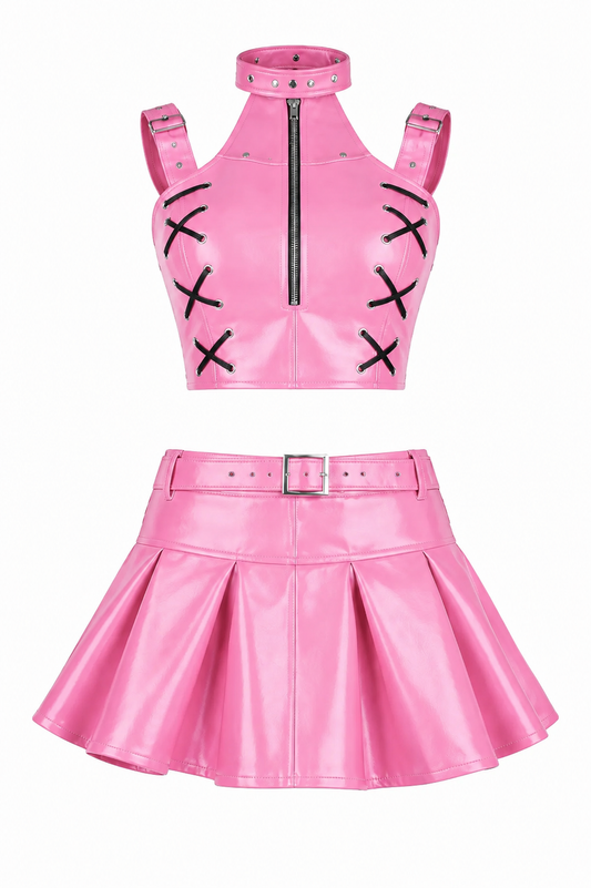 Pink PVC Corset with Pleated Skirt & Strap Detail Set
