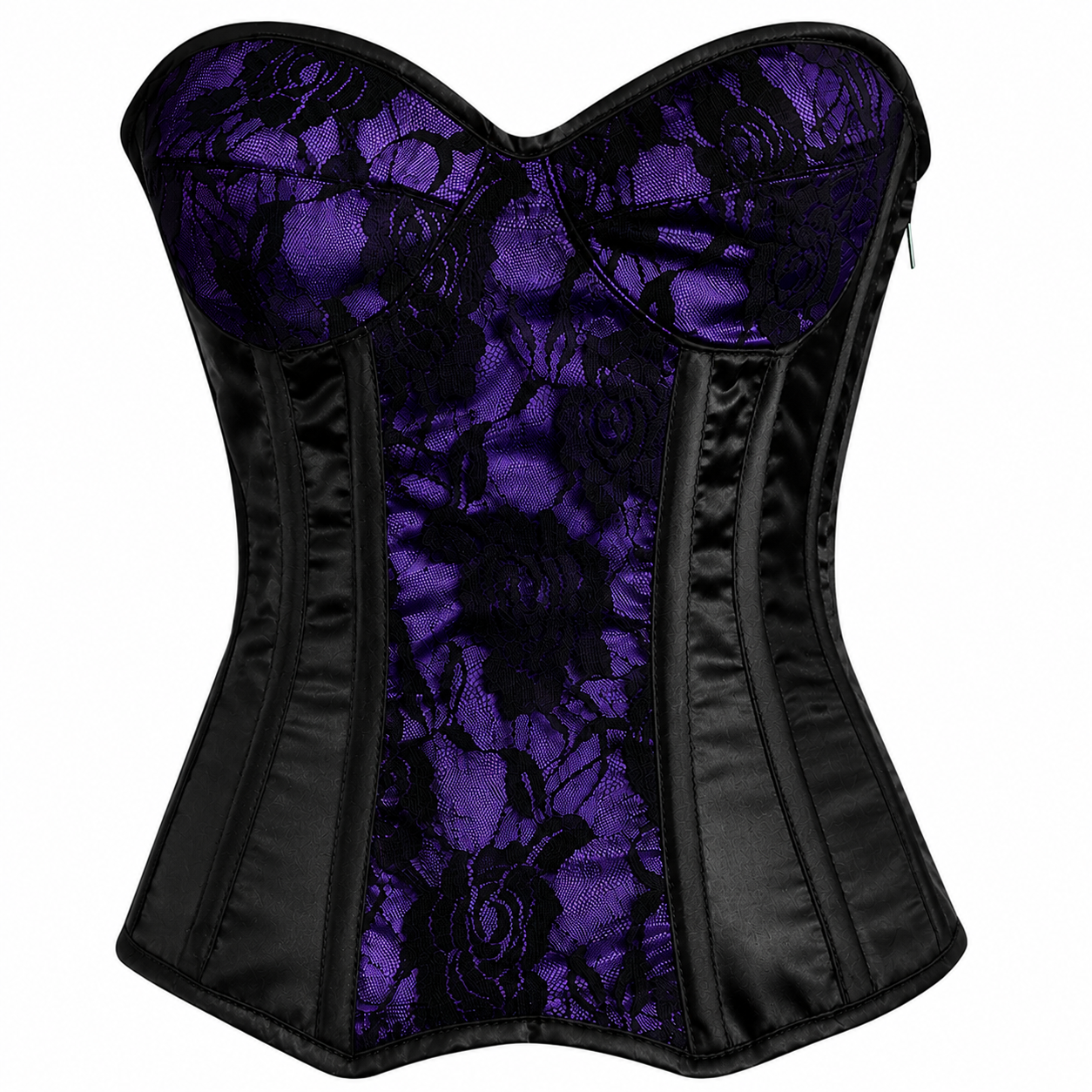 Handmade purple Black Satin Floral Lace Steel Boned Zipper Overbust Corset