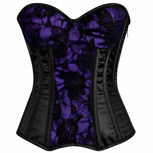 Handmade purple Black Satin Floral Lace Steel Boned Zipper Overbust Corset