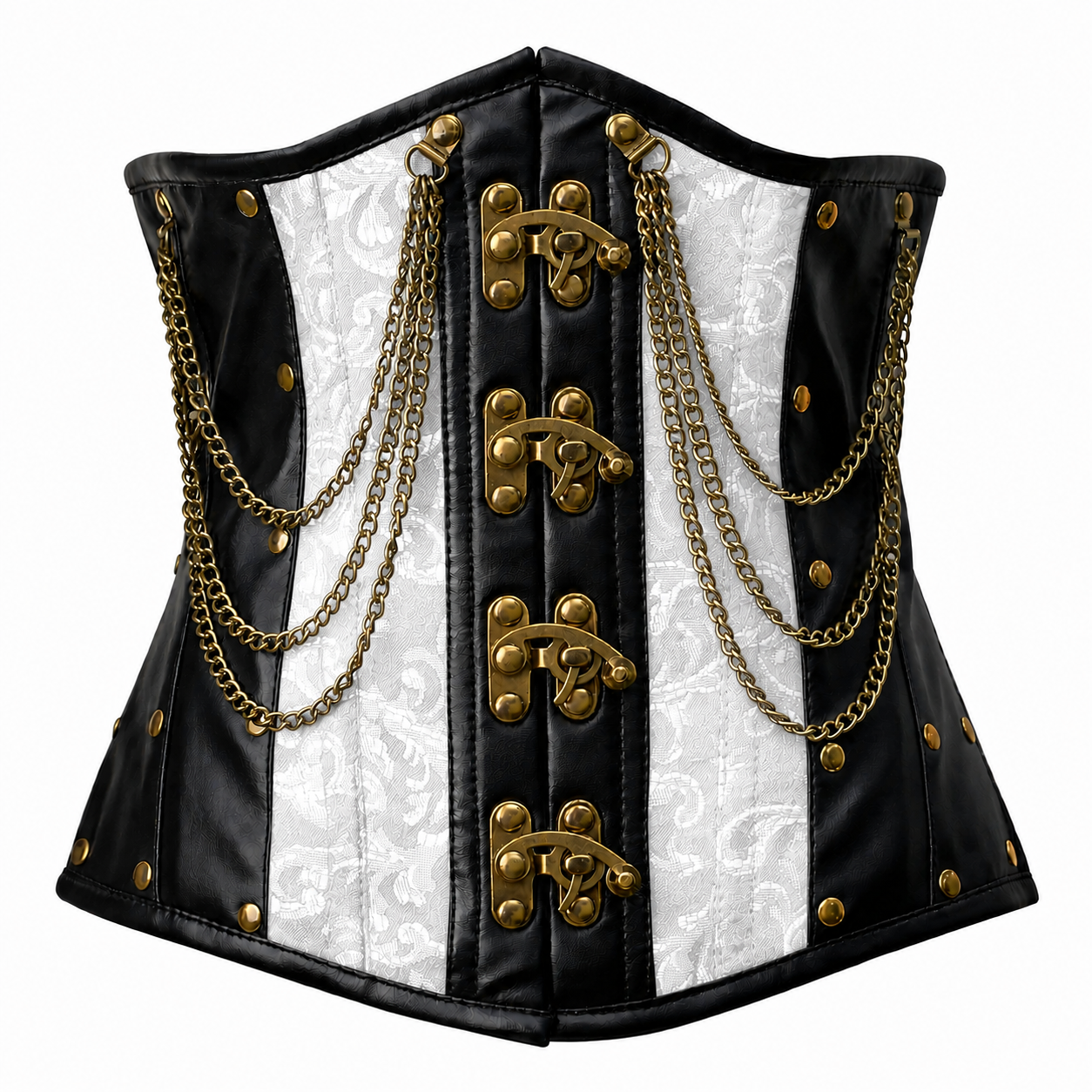 Steel Boned White Gothic Brocade Under bust Corset with Chains