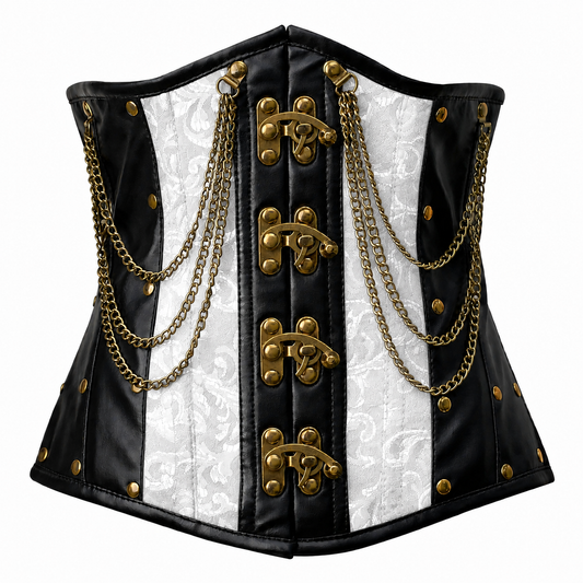 Steel Boned White Gothic Brocade Under bust Corset with Chains
