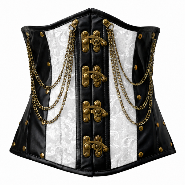 Steel Boned White Gothic Brocade Under bust Corset with Chains
