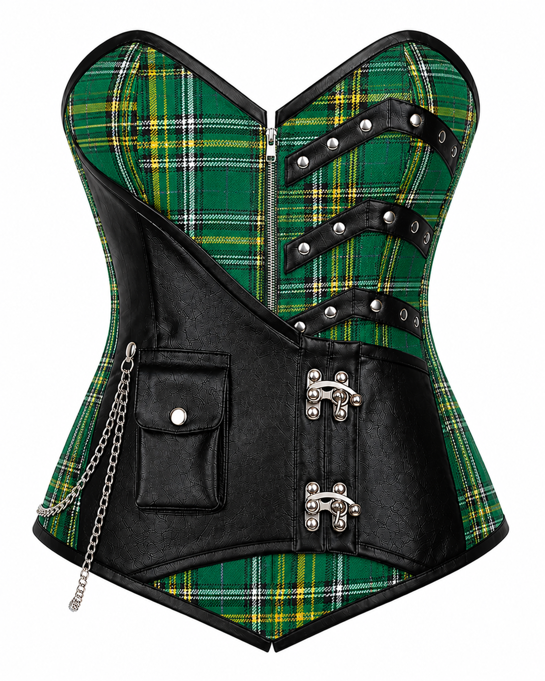 Emerald Rebel Green Tartan Overbust Corset with Black Faux Leather & Chain Detail