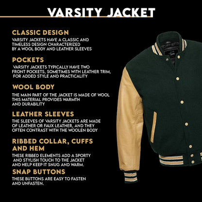 Varsity Baseball Jacket, Bomber Jacket with Real Leather Sleeves