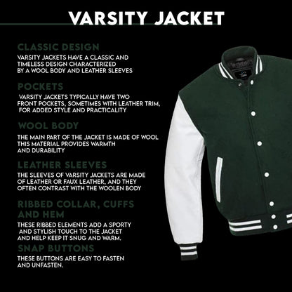 Varsity Baseball Jacket, Bomber Jacket with Real Leather Sleeves