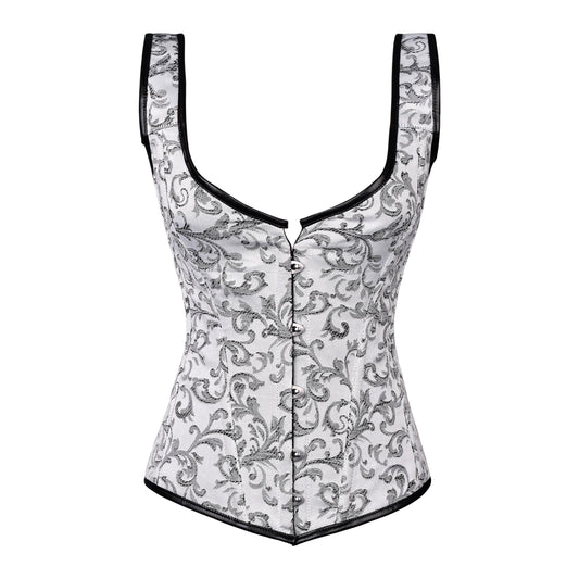 White & Silver Brocade Corset with Shoulder Straps