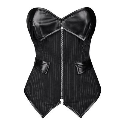 Black Pinstripe & Faux Leather Zip Corset