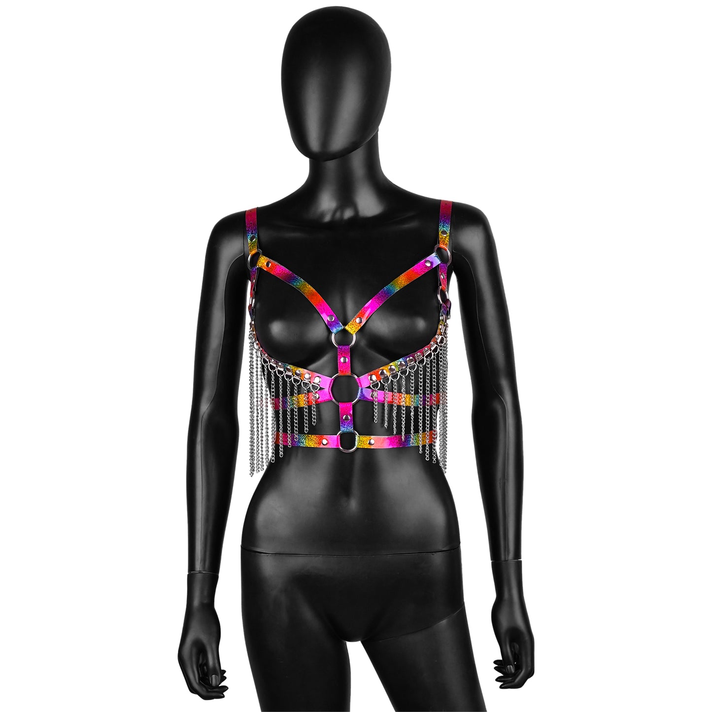 Rainbow Leather Harness with Chain Fringe