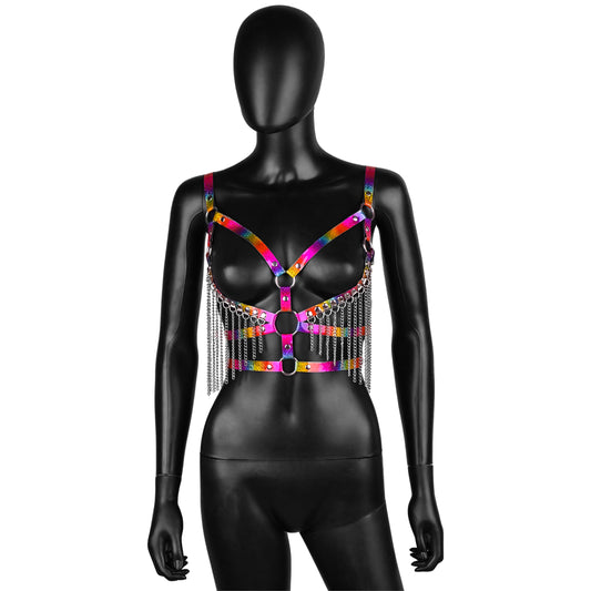 Rainbow Leather Harness with Chain Fringe