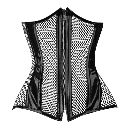 Black PVC Corset -Under bust Steel Boned w/ Fishnet