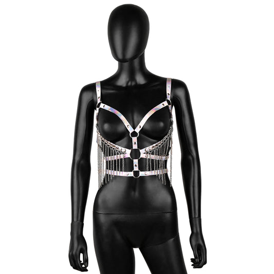 White Iridescent Leather Harness with Chain Fringe