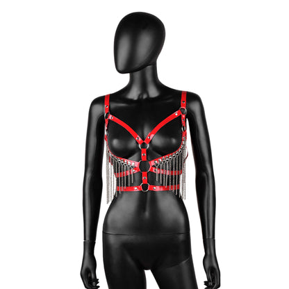 Red Leather Harness with Chain Fringe