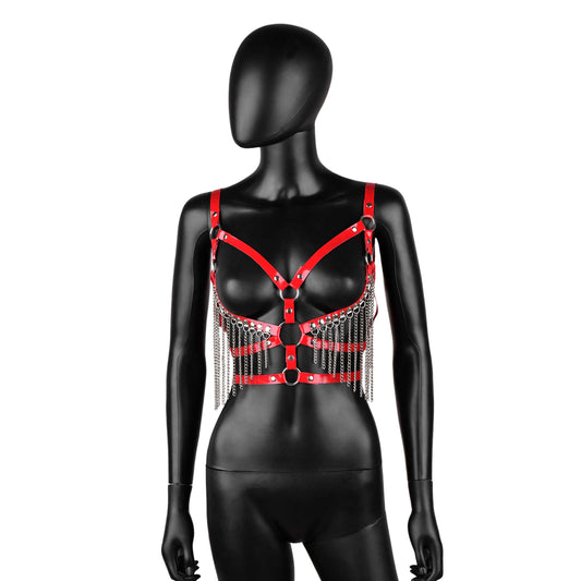 Red Leather Harness with Chain Fringe