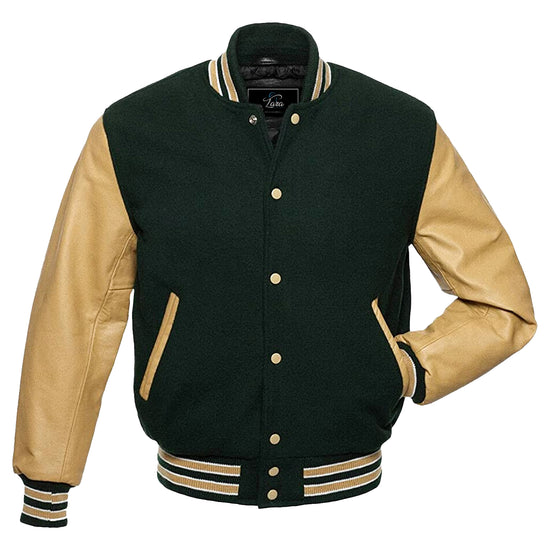Varsity Baseball Jacket, Bomber Jacket with Real Leather Sleeves