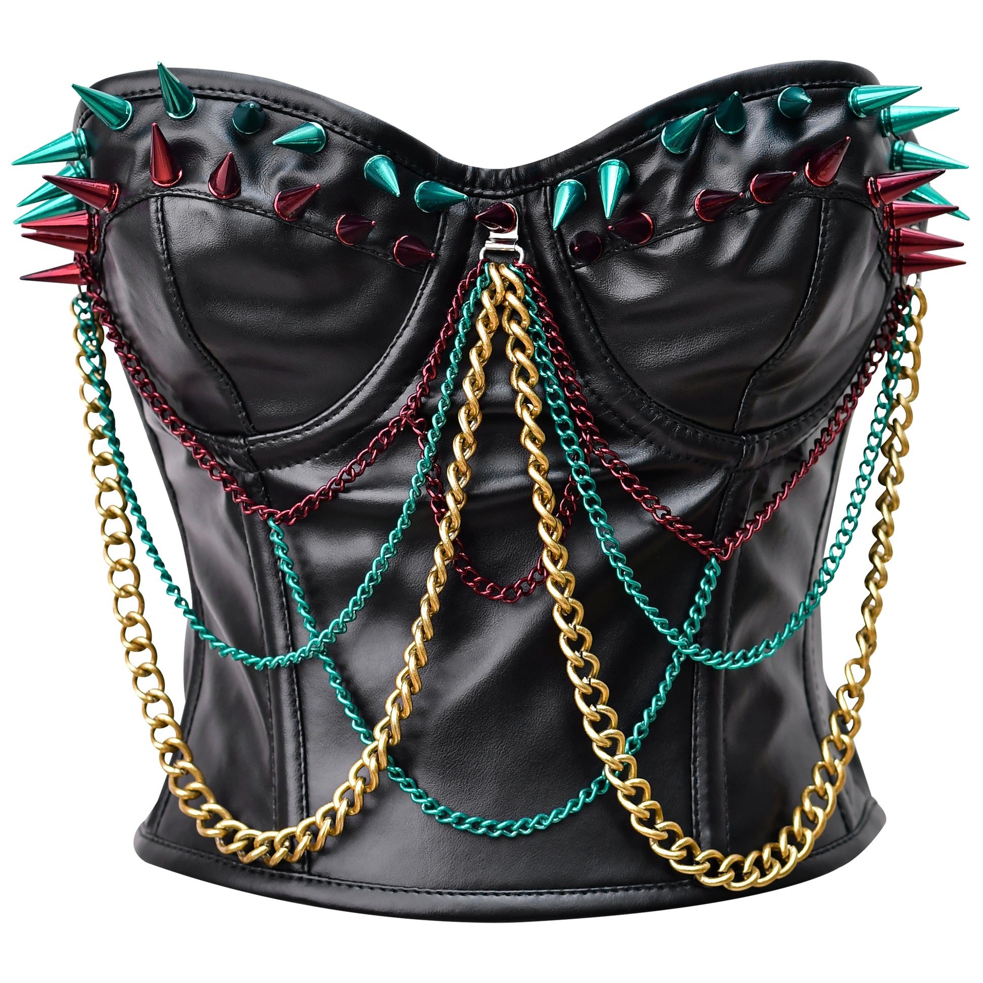 Steampunk steel boned faux leather bustier with bullet spikes, offering waist reduction and back support, perfect for creating a flattering silhouette.
