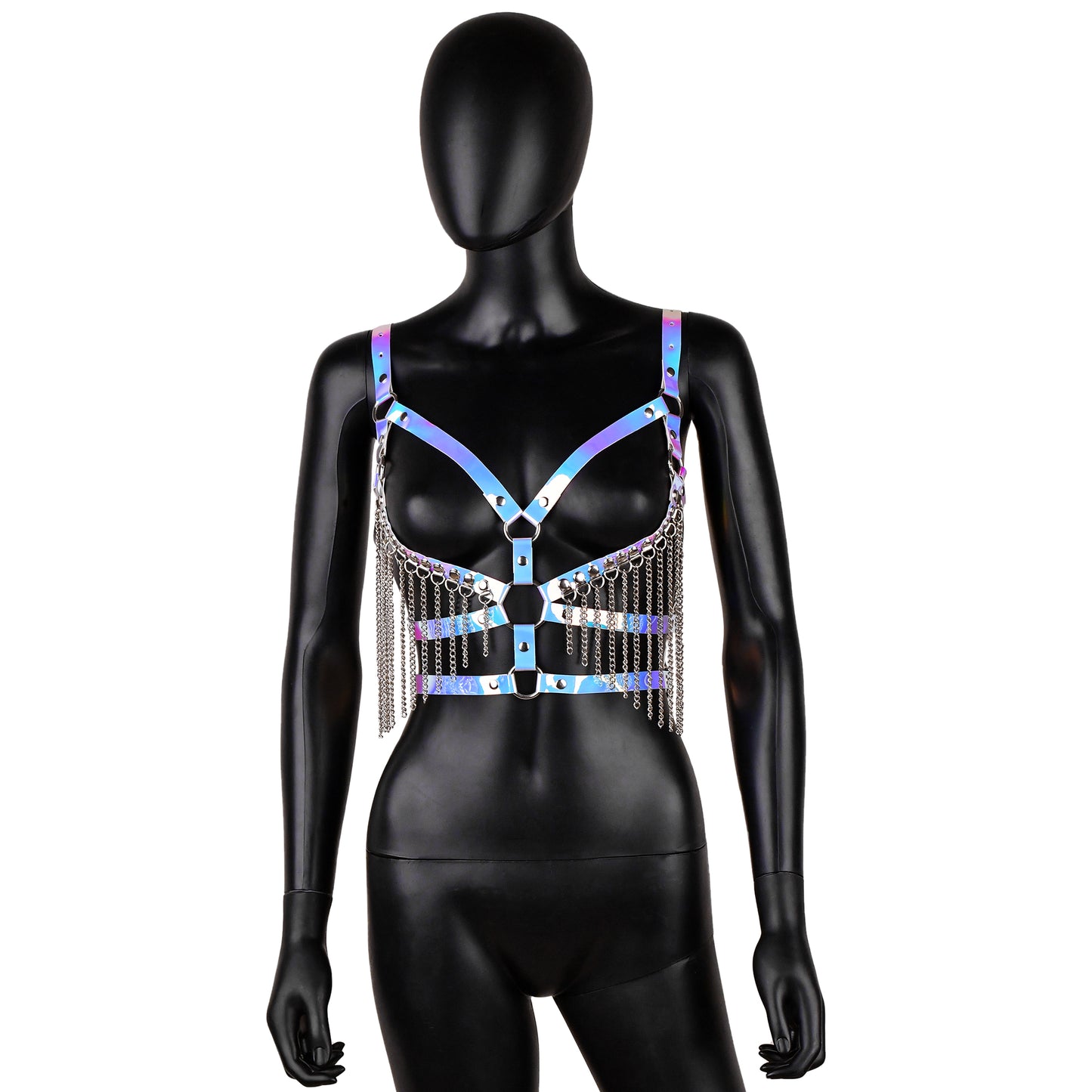 Holographic Leather Harness with Chain Fringe