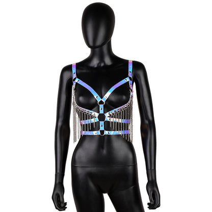 Holographic Leather Harness with Chain Fringe