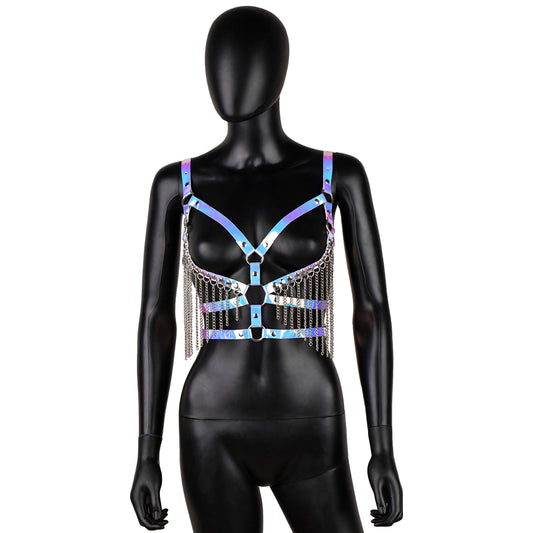 Holographic Leather Harness with Chain Fringe