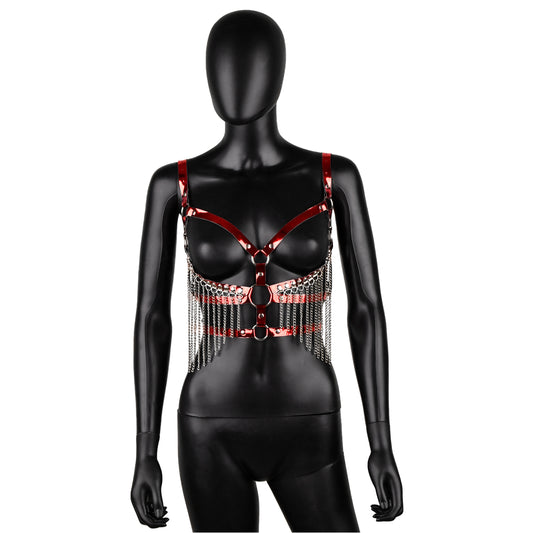 Red Leather Harness with Chain Fringe