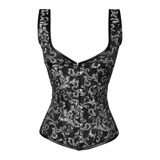 Black & Silver Brocade Corset with Shoulder Straps