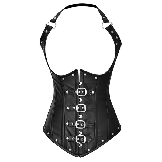 Steampunk Real Leather Steel Boned Under bust corset w/ Halter Strap