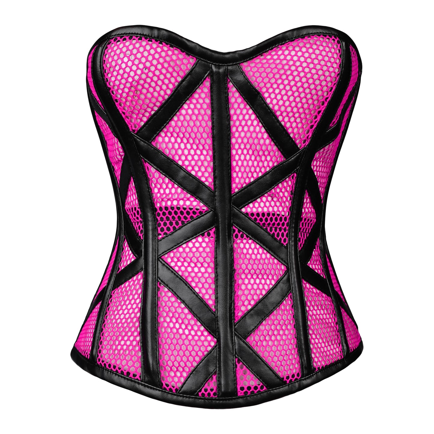 Pink Mesh Cage Corset with Faux Leather Straps