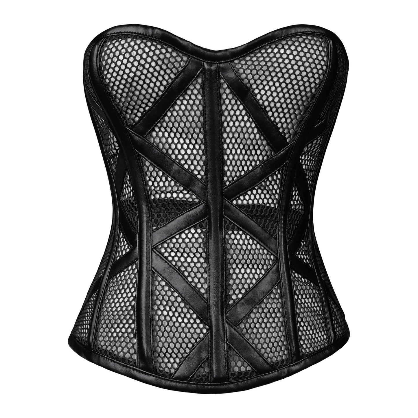 Black Mesh Cage Corset with Faux Leather Straps
