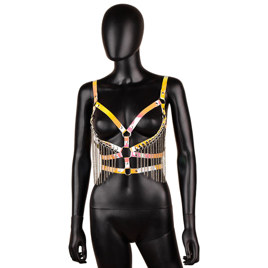 Yellow Iridescent Leather Harness with Chain Fringe