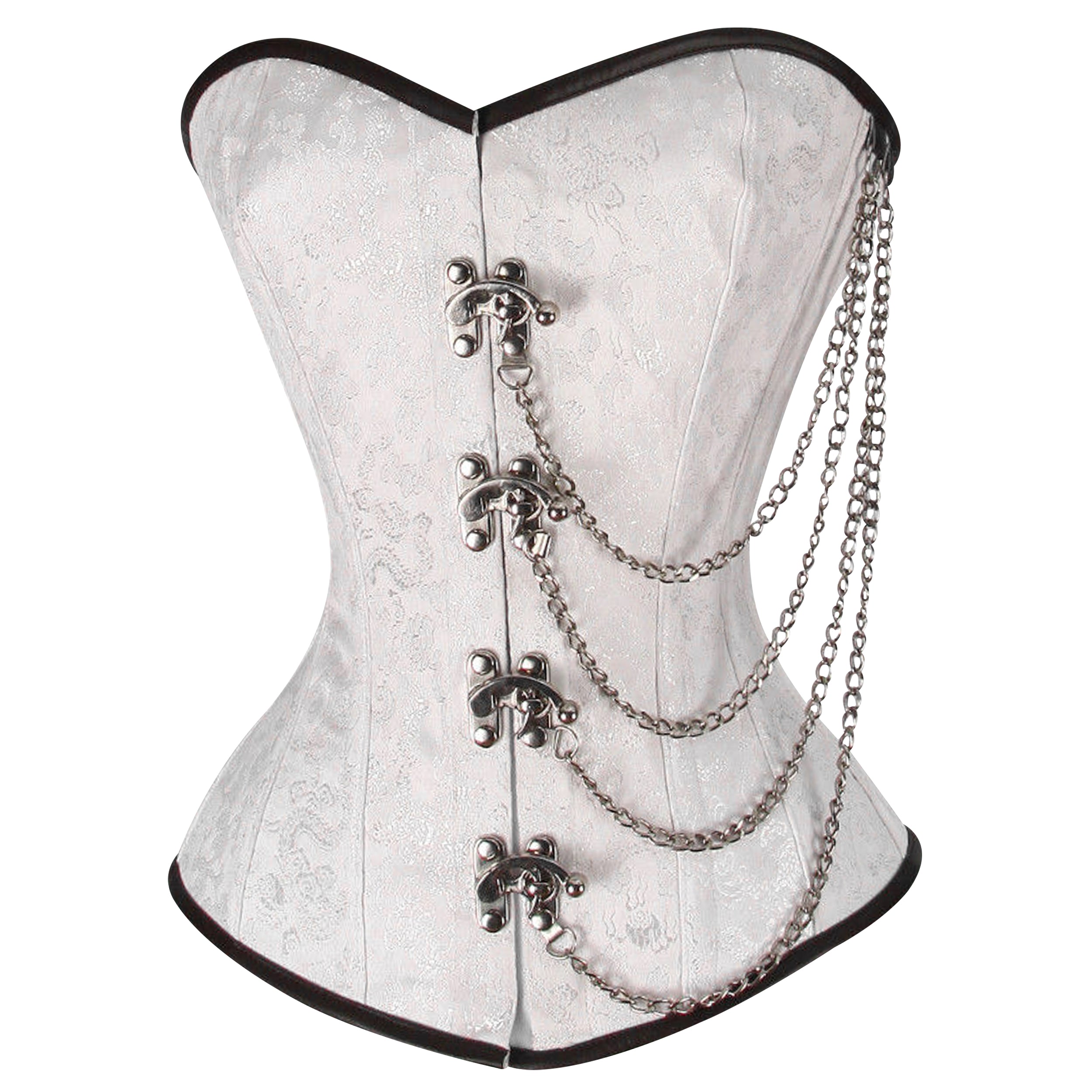 Steel Boned White Brocade Overbust corset w/ Front Clasps and Chains