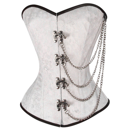Steel Boned White Brocade Overbust corset w/ Front Clasps and Chains