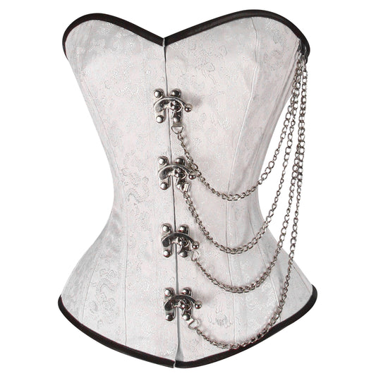 Steel Boned White Brocade Overbust corset w/ Front Clasps and Chains