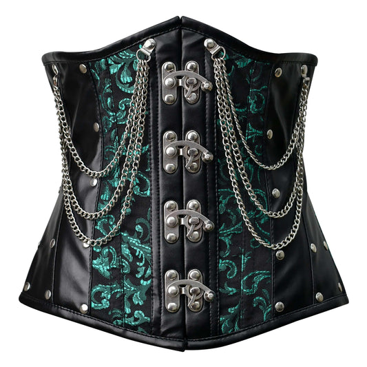Steel Boned Green Gothic Brocade Underbust Corset with Chains