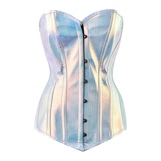Iridescent Mermaid-Scale Overbust Corset (Silver-Blue Holo)