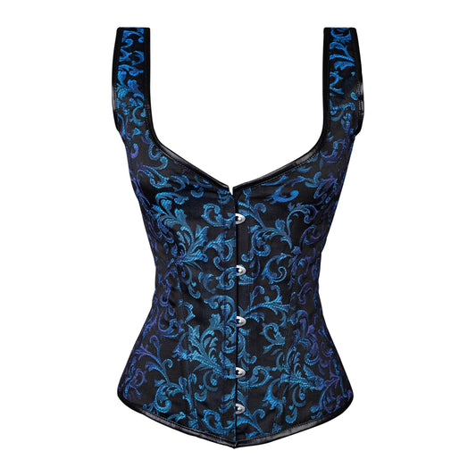 Blue Brocade Corset with Front Busk Closure