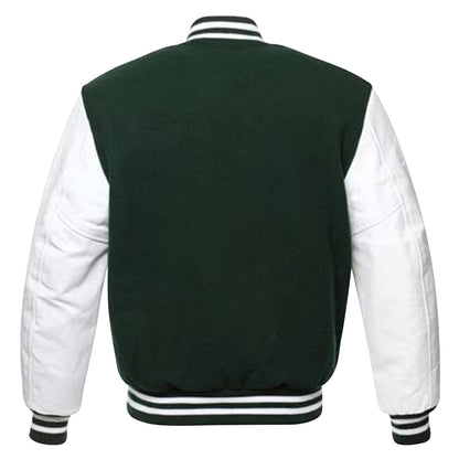 Varsity Baseball Jacket, Bomber Jacket with Real Leather Sleeves