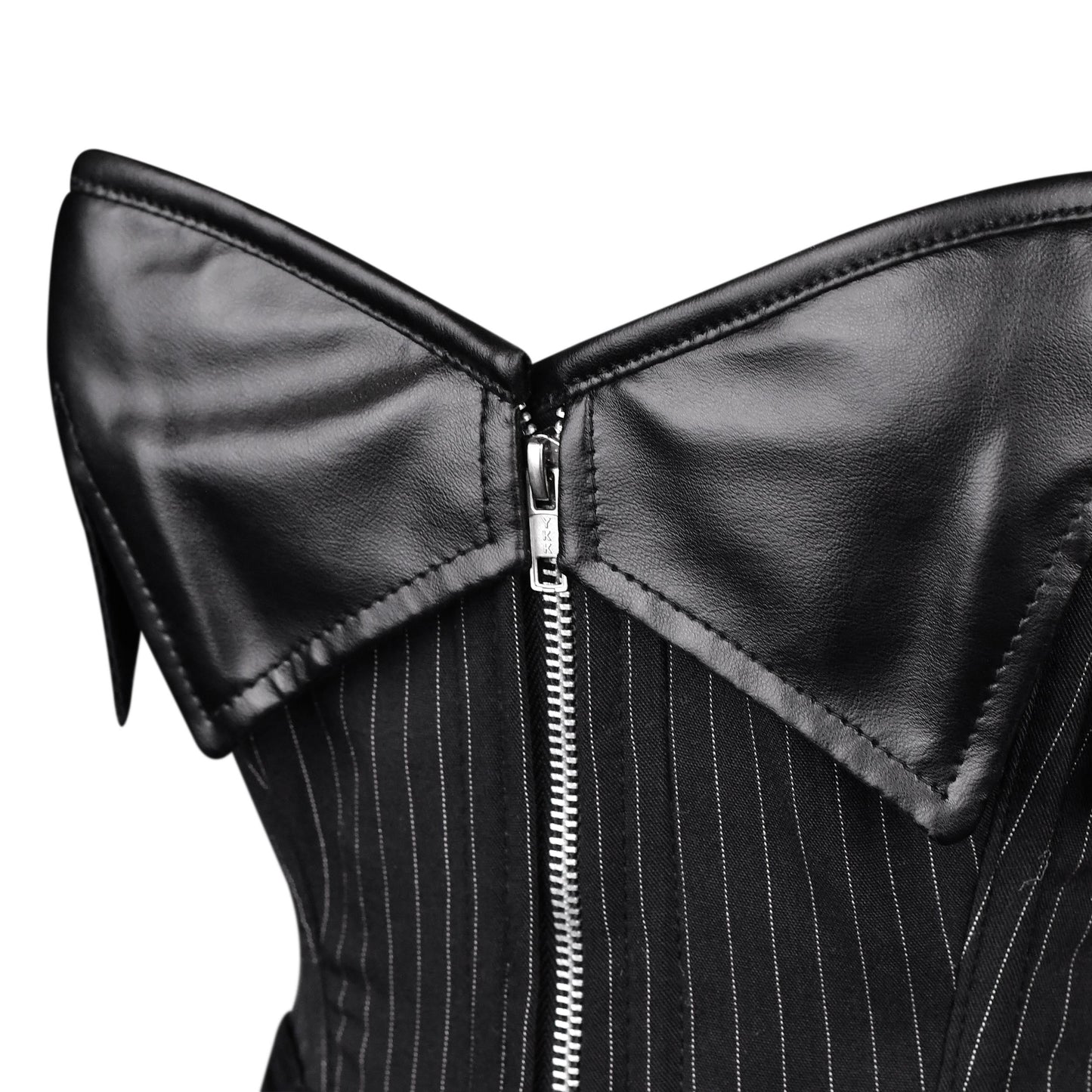 Black Pinstripe & Faux Leather Zip Corset